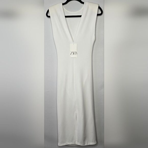 NWT Women's White Zara Padded Shoulder Midi Dress w/ Ruching V Back Size Small - Picture 5 of 10